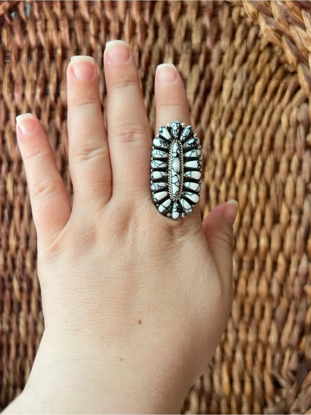 Davina Benally Navajo White Buffalo Sterling Silver Cluster Ring Sz 9.75